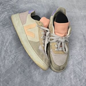 Veja V-10 Suede Sneakers in the Multico Peach colorway.